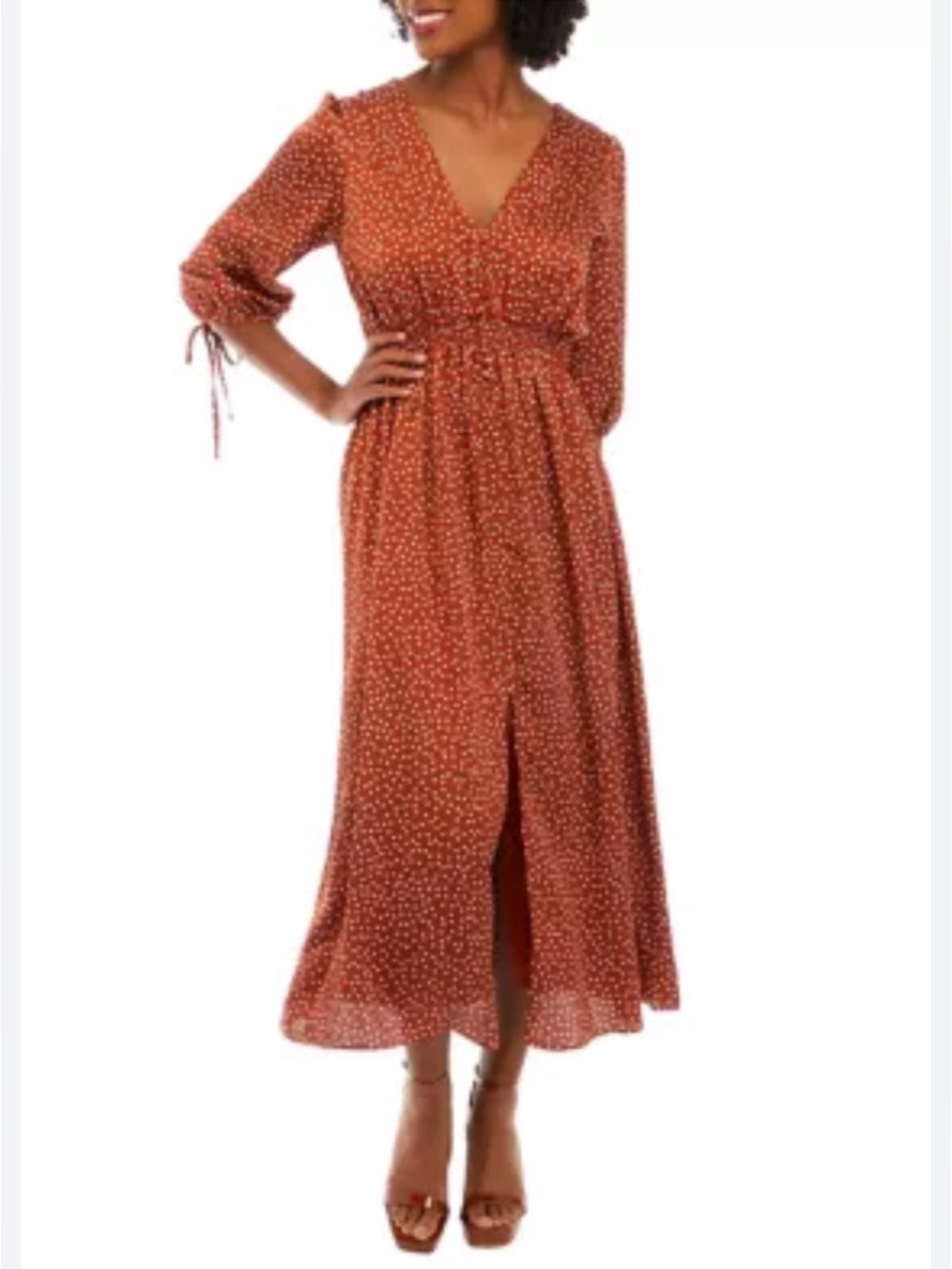 Taylor Size 16 Rust Polka Dot Midi Dress Silky Elastic Waist, Puff sleeves